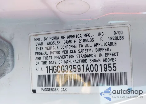 2001 Honda Accord 2.3 Ex z USA, uszkodzony, nr VIN 1HGCG32591A001955
